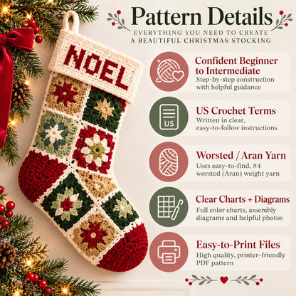 Patchwork Granny Square Christmas Stocking Crochet Pattern PDF – 3 Sizes