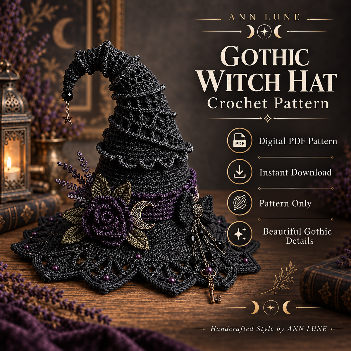 Gothic Witch Hat Crochet Pattern PDF | Halloween Witch Decor Crochet Pattern
