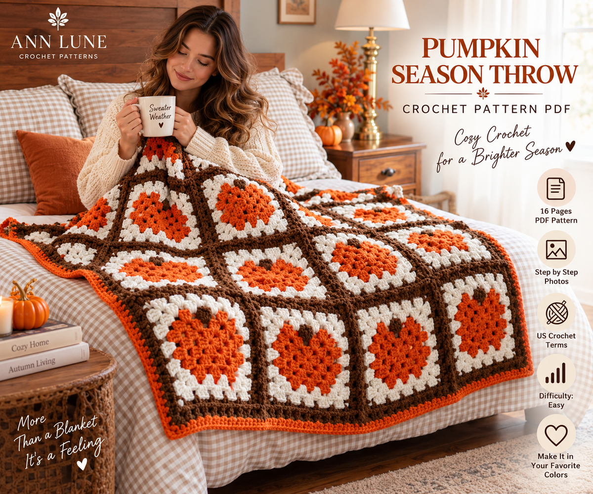 Pumpkin Season Throw Crochet Pattern PDF – Fall Pumpkin Granny Square Blanket Pattern