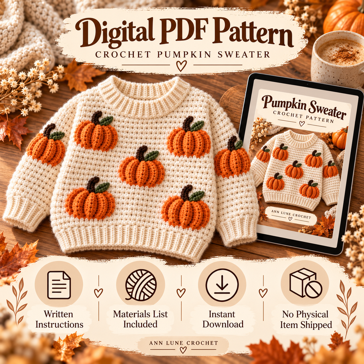 Pumpkin Sweater Crochet Pattern for Kids – Fall Crochet Pullover PDF Pattern
