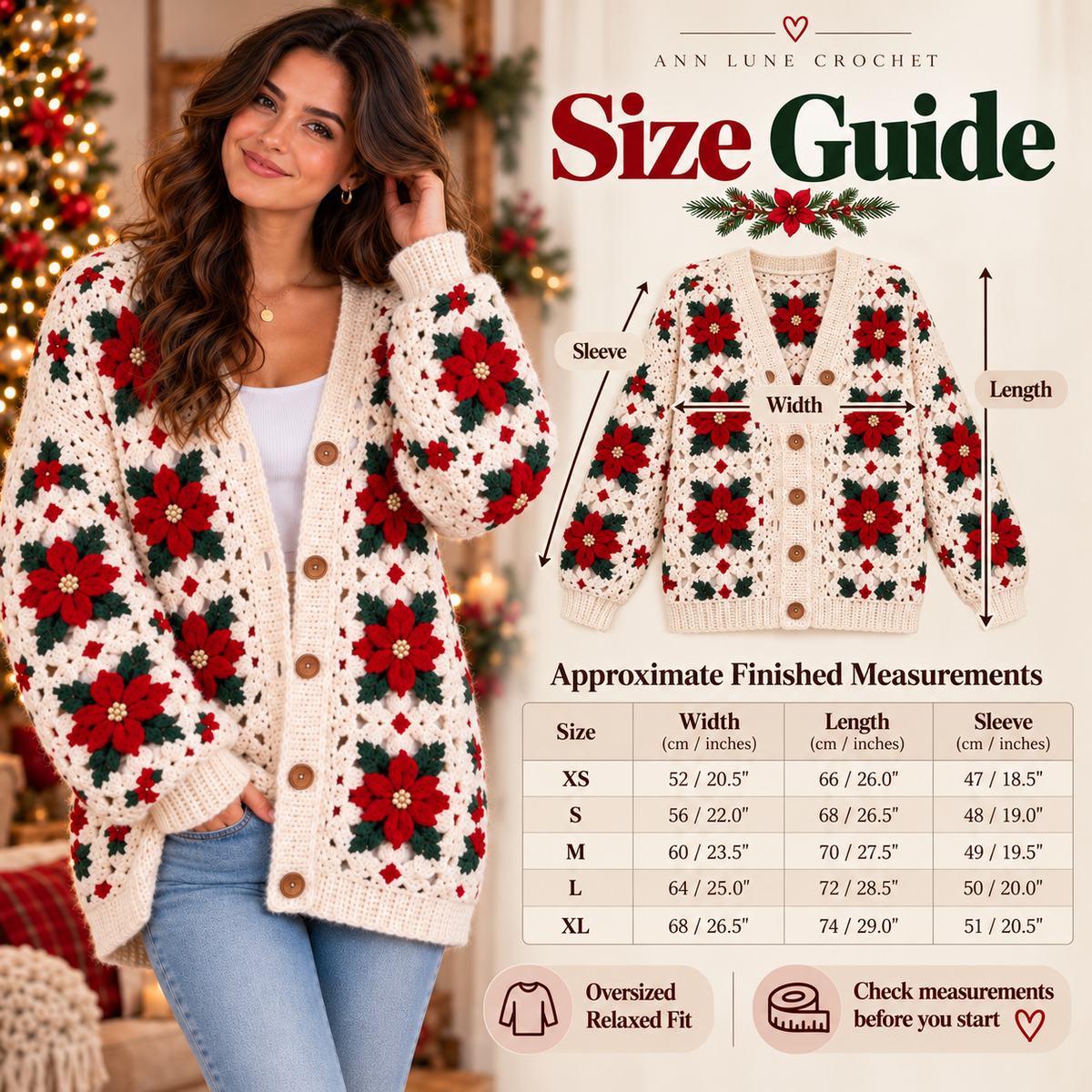 Christmas Poinsettia Cardigan Crochet Pattern – Floral Granny Square Cardigan PDF