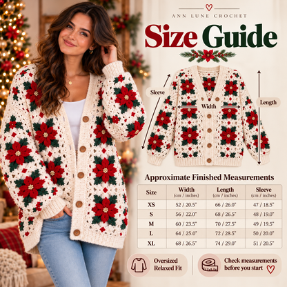Christmas Poinsettia Cardigan Crochet Pattern – Floral Granny Square Cardigan PDF