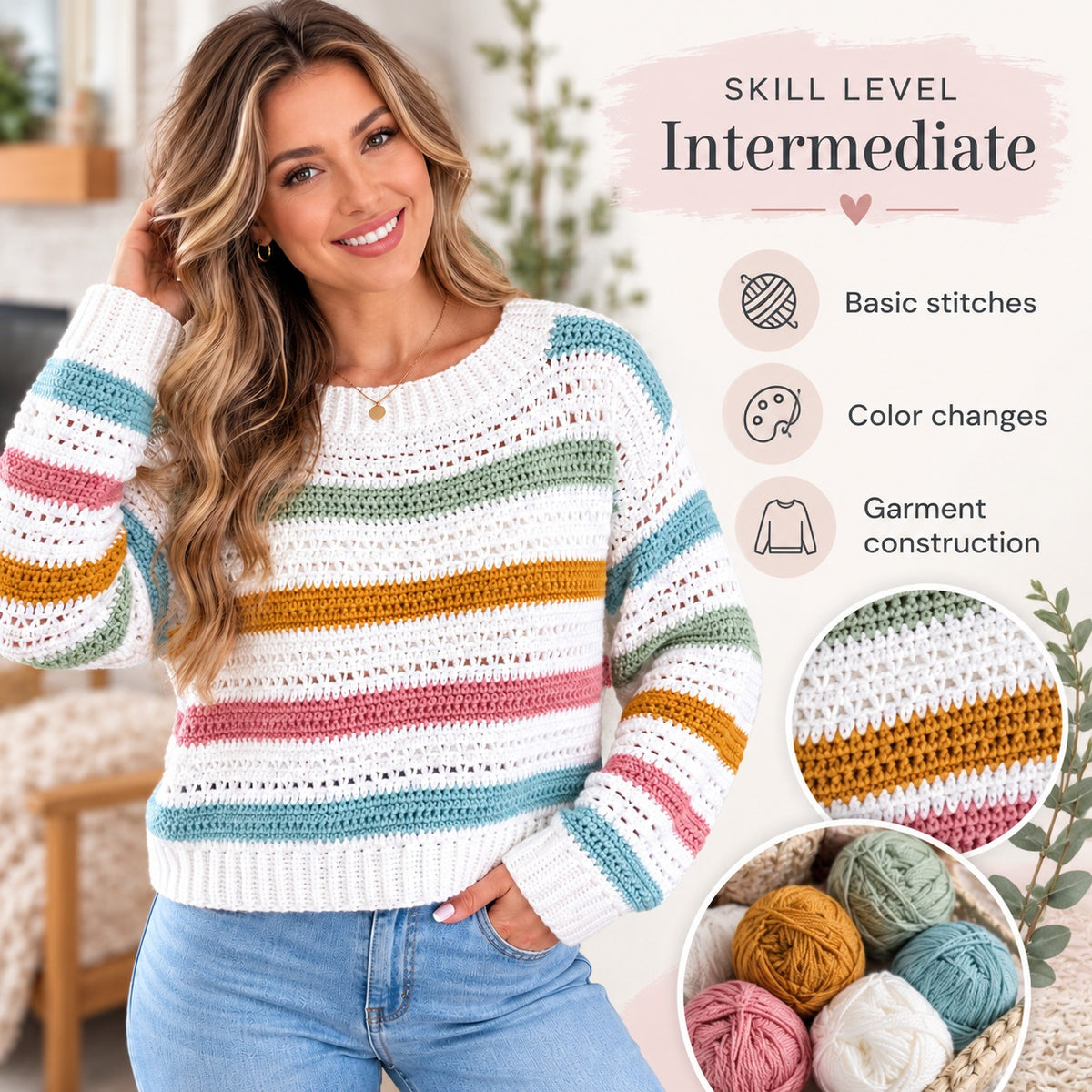 Pastel Striped Crochet Sweater Pattern PDF – Colorful Pullover