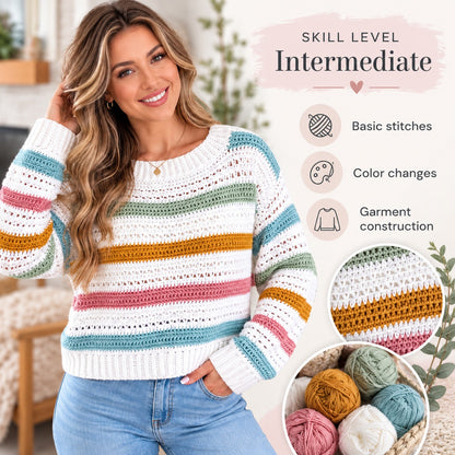 Pastel Striped Crochet Sweater Pattern PDF – Colorful Pullover