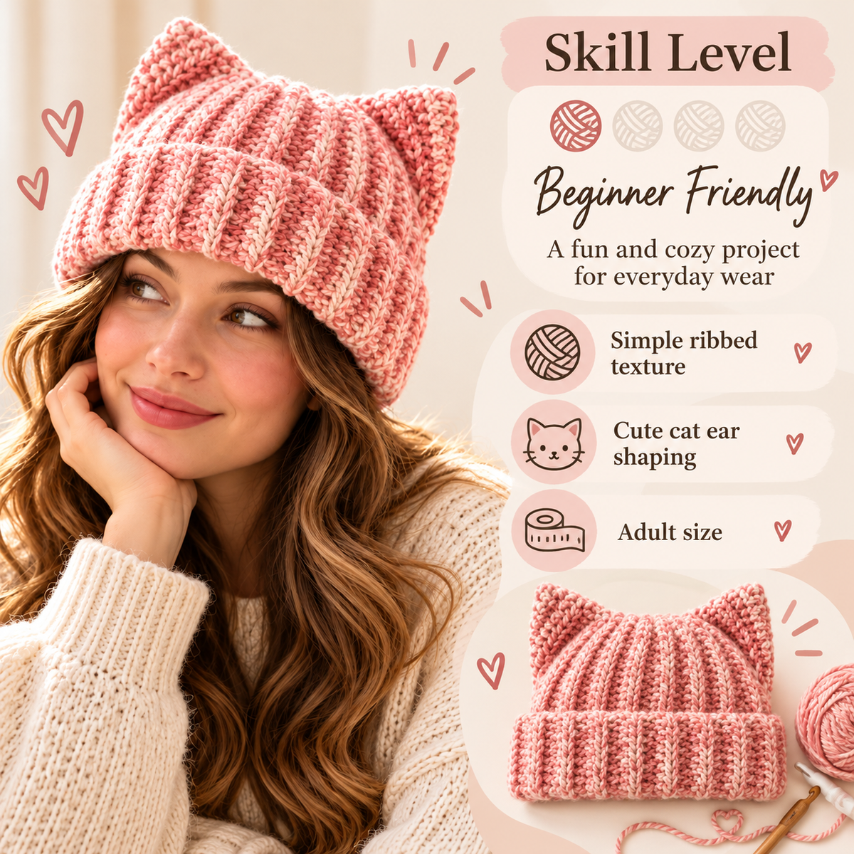 Cat Ear Beanie Crochet Pattern PDF – Beginner Friendly