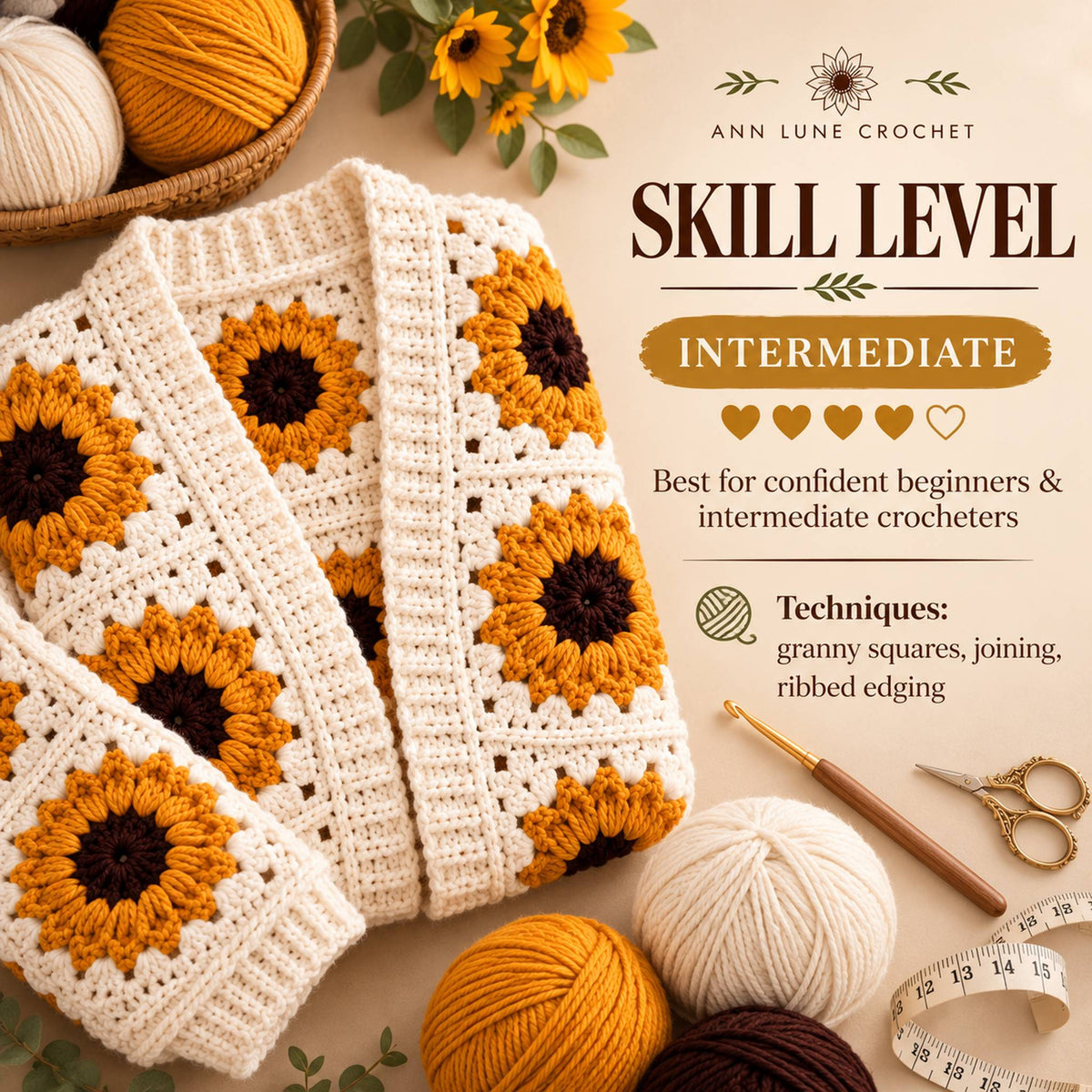 Sunflower Granny Cardigan Crochet Pattern PDF | Granny Square Cardigan Pattern