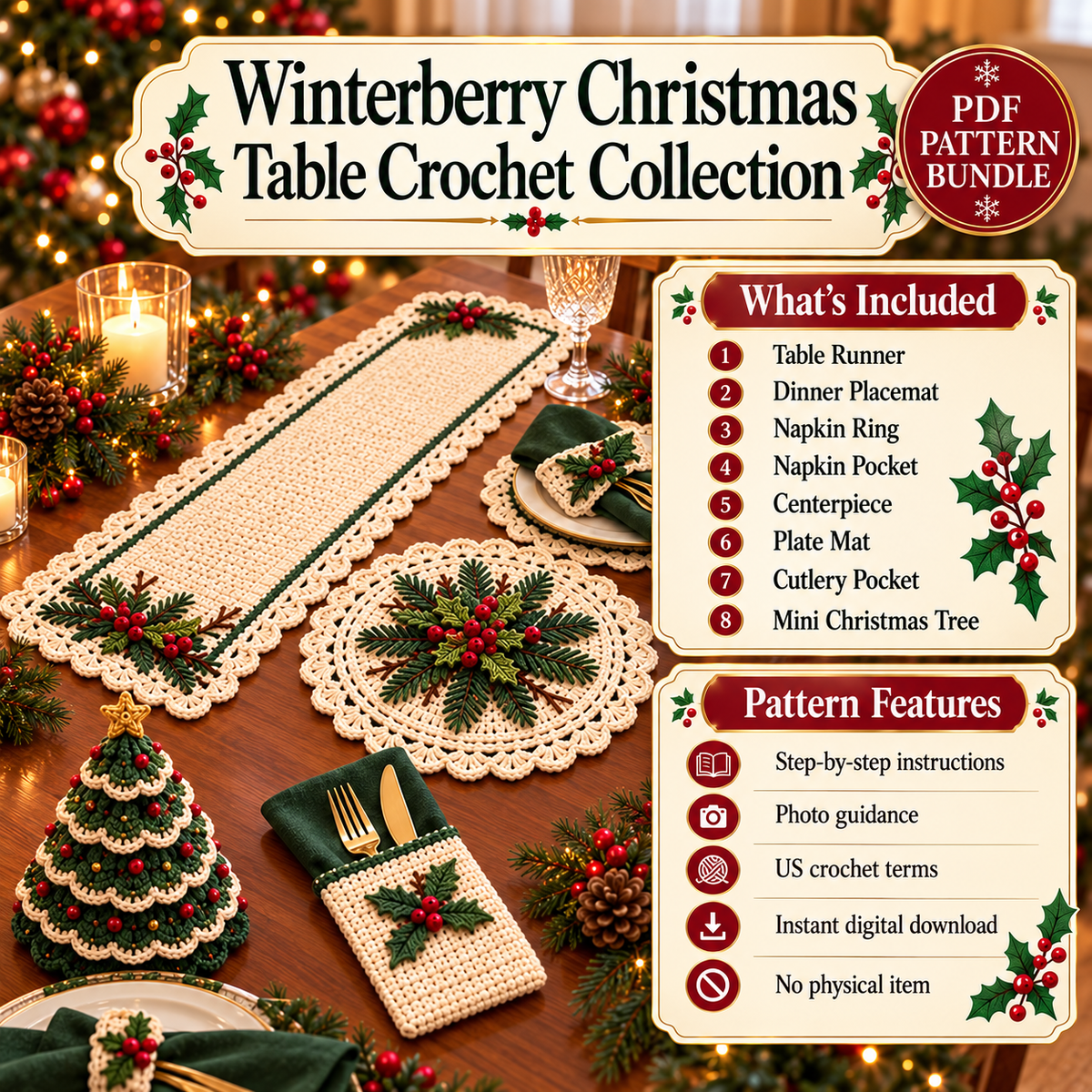 Winterberry Christmas Table Crochet Collection – 8 PDF Patterns