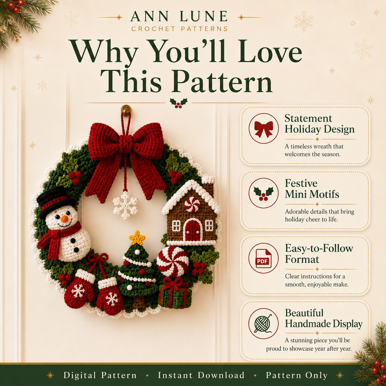 Christmas Crochet Wreath Pattern PDF – Snowman, Gingerbread House, Tree & Holiday Door Decor
