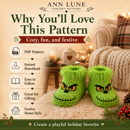 Green Christmas Slippers Crochet Pattern PDF – Cozy Holiday House Slippers