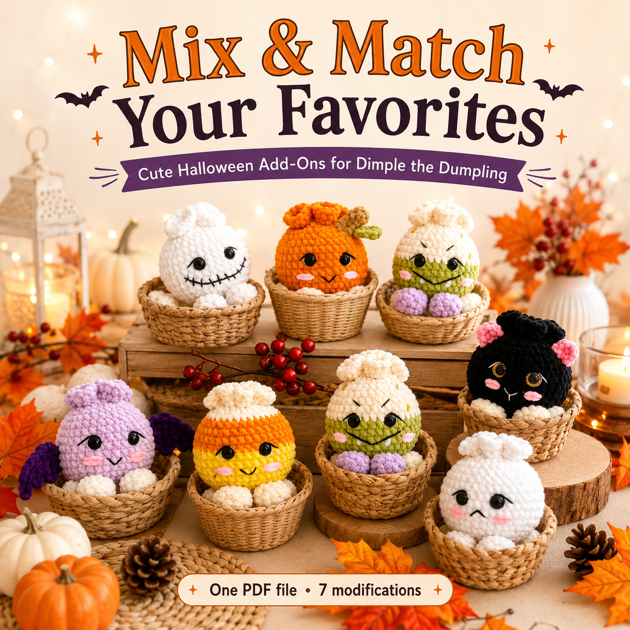Halloween Dimple Add Ons , Crochet Pattern , Dimple the Dumpling Halloween Modifications , 7 Halloween Crochet , One PDF file