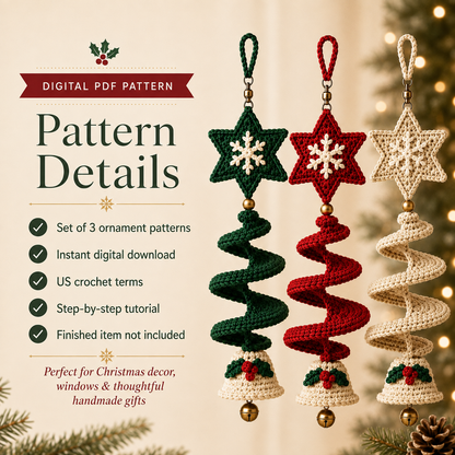 Crochet Christmas Spiral Wind Spinner Pattern PDF, Star Snowflake and Bell Hanging Ornament, Holiday Window Decor, Set of 3
