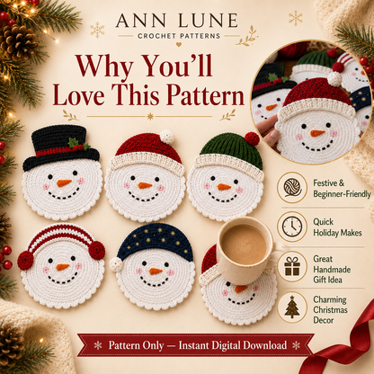 Snowman Coaster Set Crochet Pattern PDF – 5 Christmas Mug Rug Designs