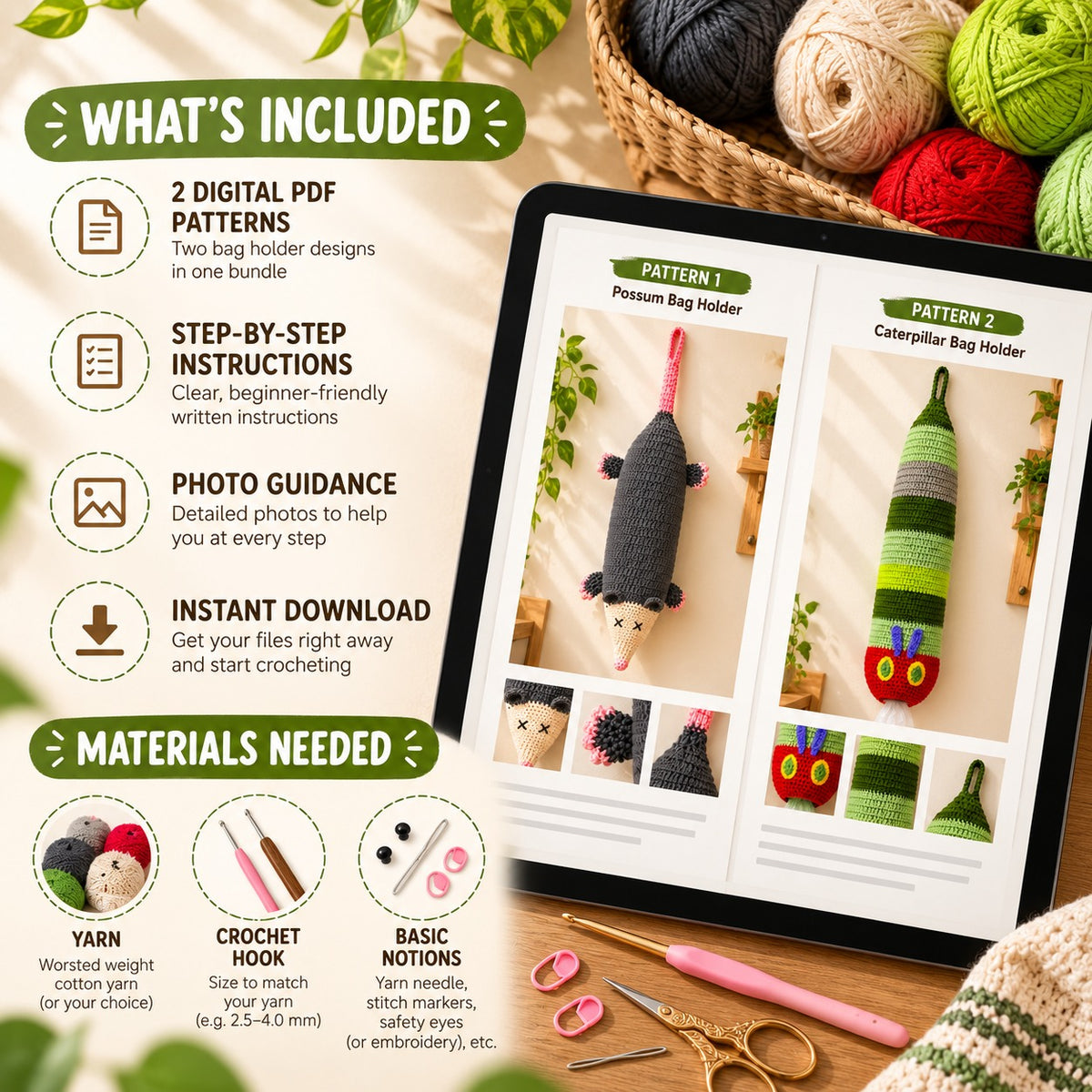 Crochet Bag Holder Pattern Bundle – Opossum & Caterpillar PDF