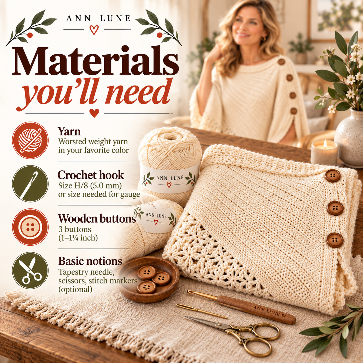 Uptown Poncho Crochet Pattern PDF – Lace Trim Button Poncho