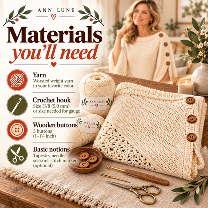 Uptown Poncho Crochet Pattern PDF – Lace Trim Button Poncho
