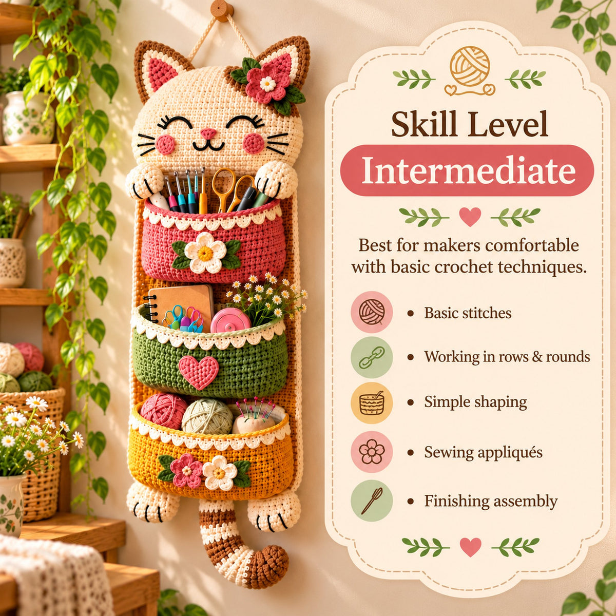 Cat Wall Organizer Crochet Pattern PDF – 3-Pocket Hanging Storage