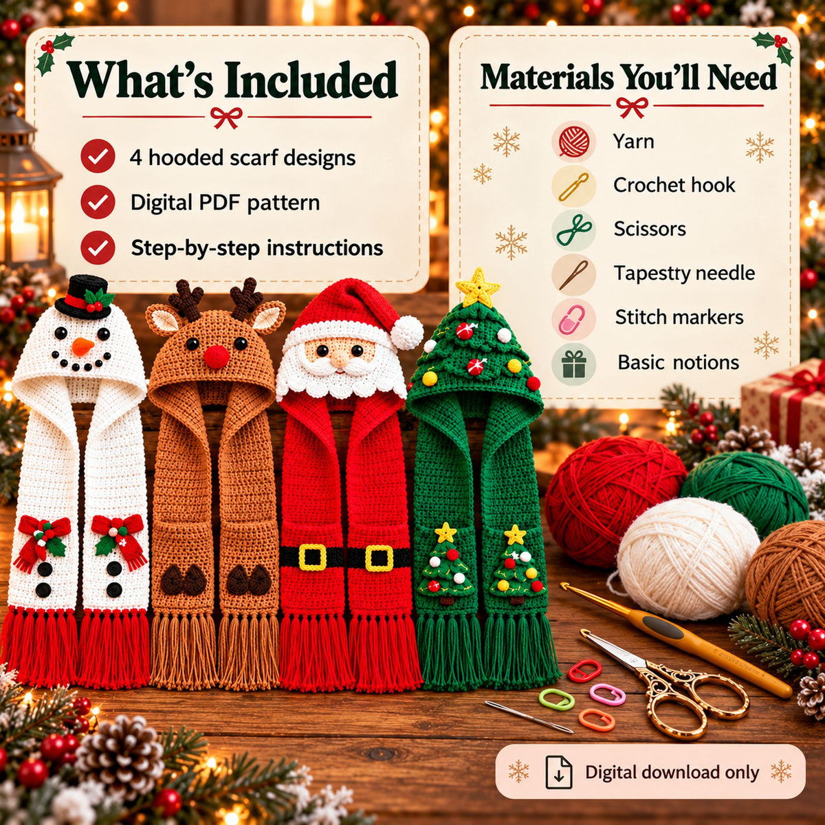 Christmas Hooded Scarf Crochet Pattern Bundle – 4 Designs PDF