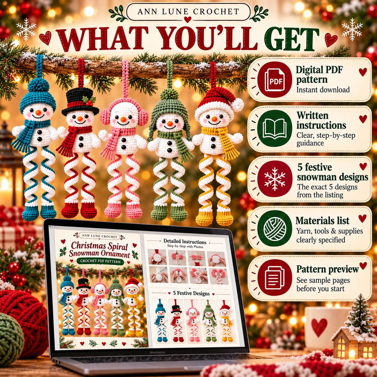 Christmas Spiral Snowman Ornament Crochet Pattern PDF | 5 Festive Snowman Designs