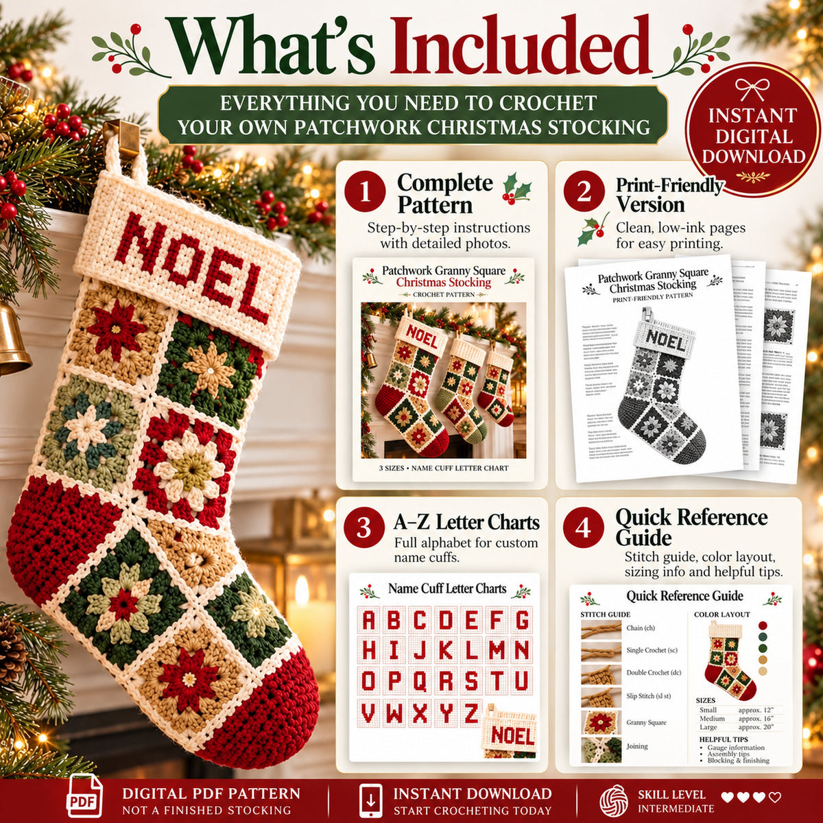 Patchwork Granny Square Christmas Stocking Crochet Pattern PDF – 3 Sizes