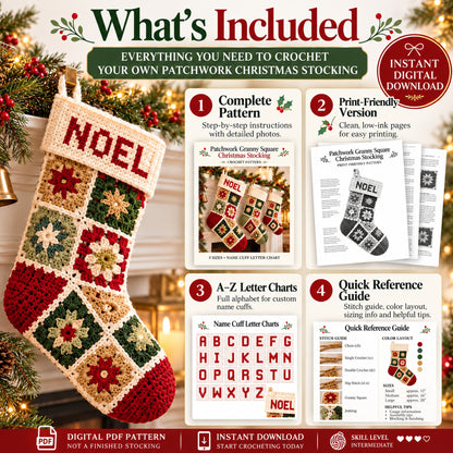 Patchwork Granny Square Christmas Stocking Crochet Pattern PDF – 3 Sizes