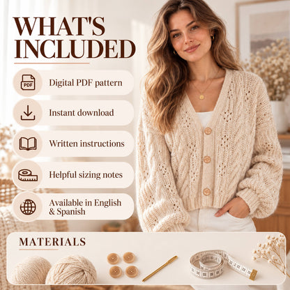 Cream Cable Knit Cardigan Pattern PDF – V-Neck Lace Cardigan