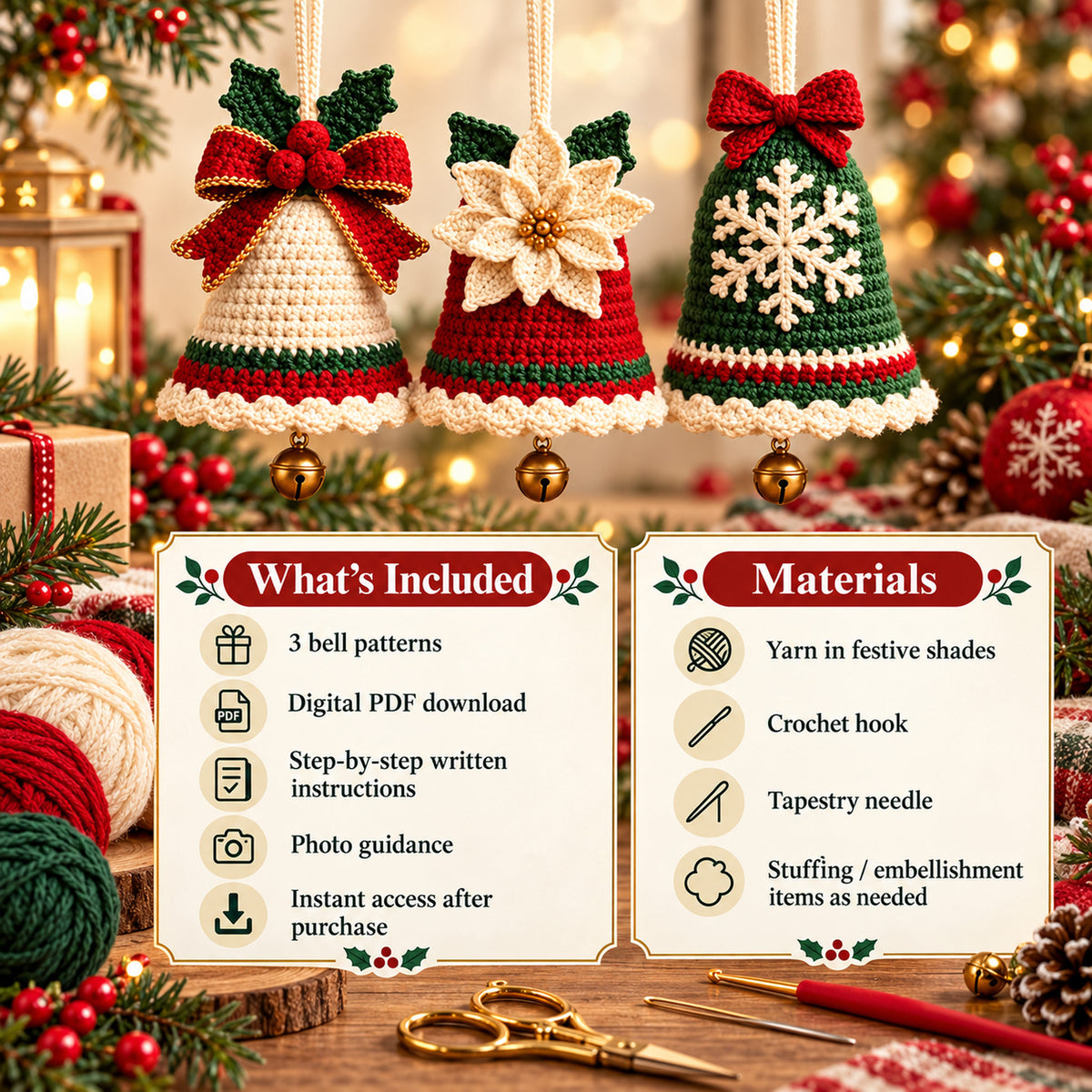 3-in-1 Crochet Christmas Bell Ornament Pattern Bundle – PDF