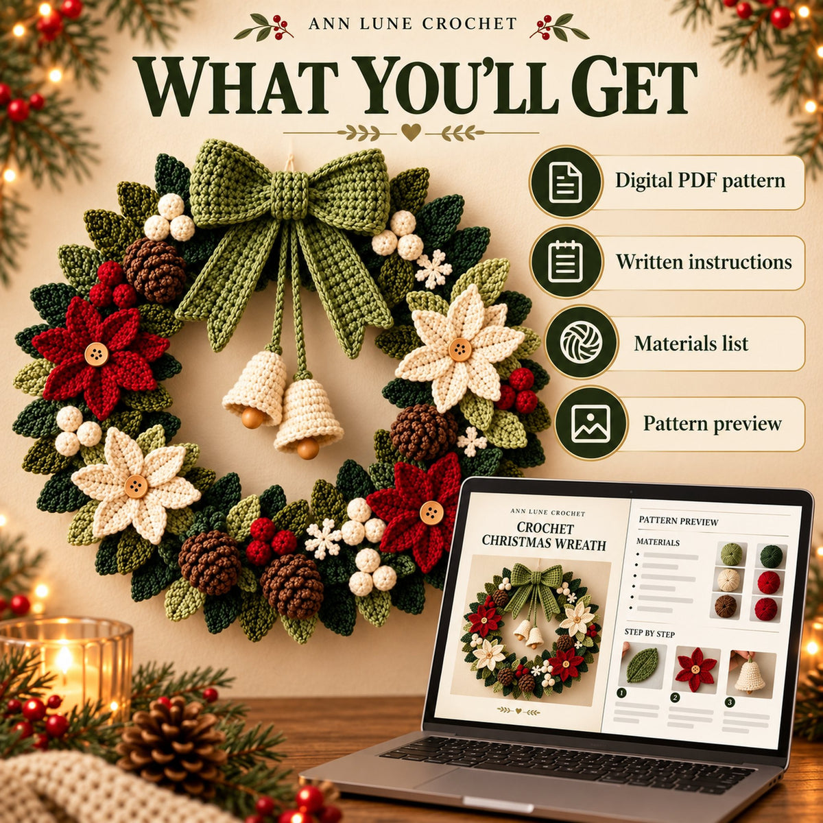 Crochet Christmas Wreath Pattern PDF | Festive Holiday Wreath Crochet Pattern