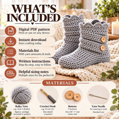 Crochet Slipper Boots Pattern PDF – Cozy Button Boots