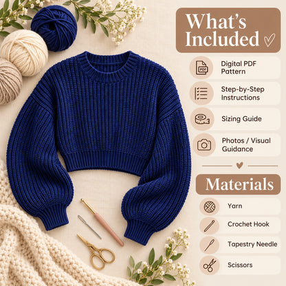 Cropped Balloon Sleeve Sweater Crochet Pattern PDF