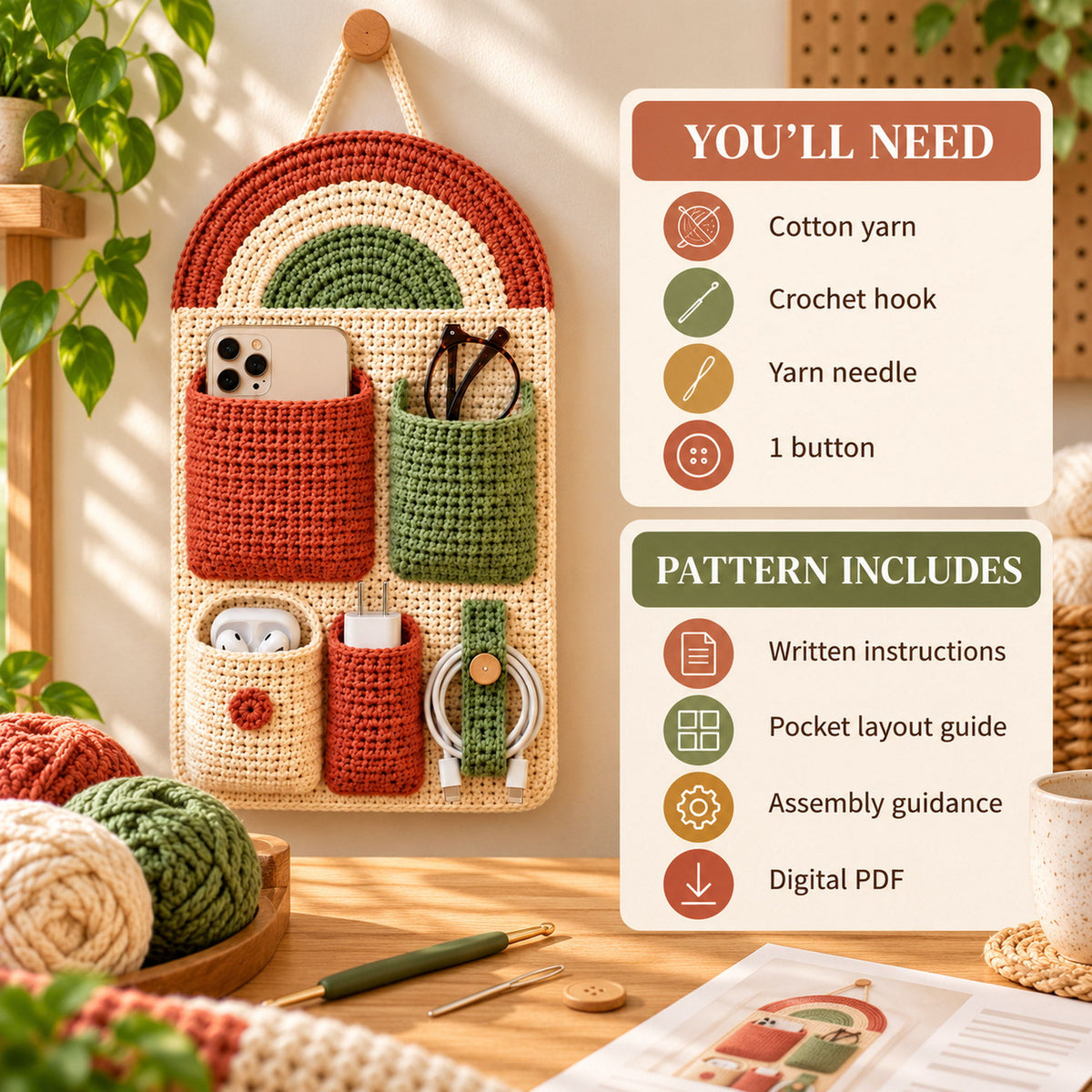 Rainbow Crochet Wall Organizer Pattern – Hanging Storage PDF