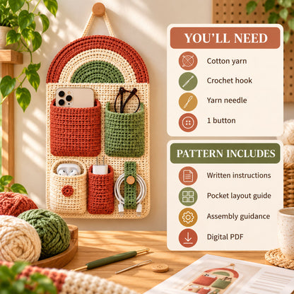 Rainbow Crochet Wall Organizer Pattern – Hanging Storage PDF