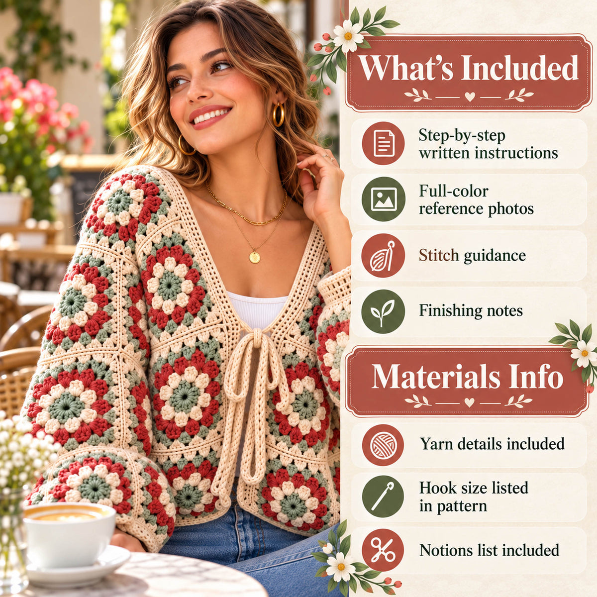 Floral Granny Square Cardigan Crochet Pattern PDF