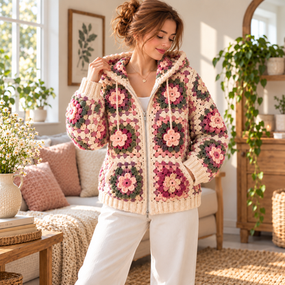 Floral Granny Square Zip Hoodie Crochet Pattern PDF | Flower Crochet Cardigan with Hood