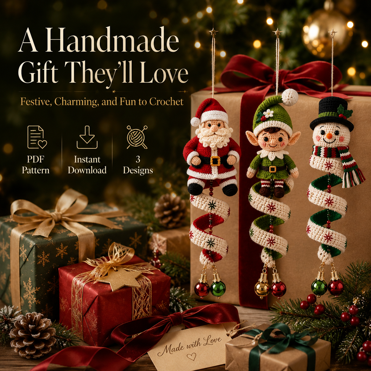 Christmas Spiral Crochet Pattern Bundle – Santa, Elf & Snowman PDF Pattern
