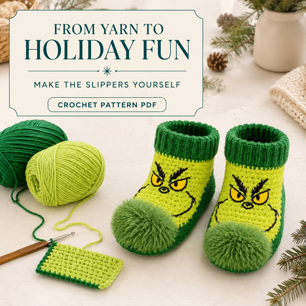 Green Christmas Slippers Crochet Pattern PDF | Cozy Holiday Socks