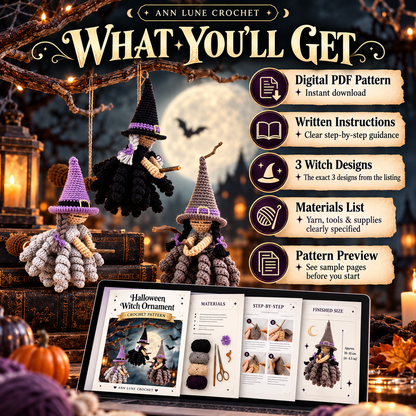Halloween Witch Ornament Crochet Pattern PDF | 3 Spooky Witch Designs