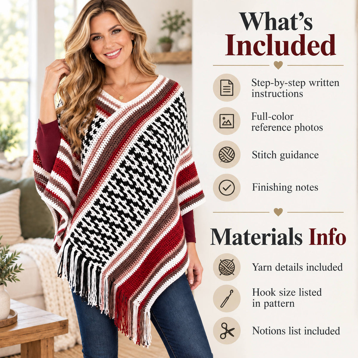 Houndstooth Fringe Poncho Crochet Pattern PDF