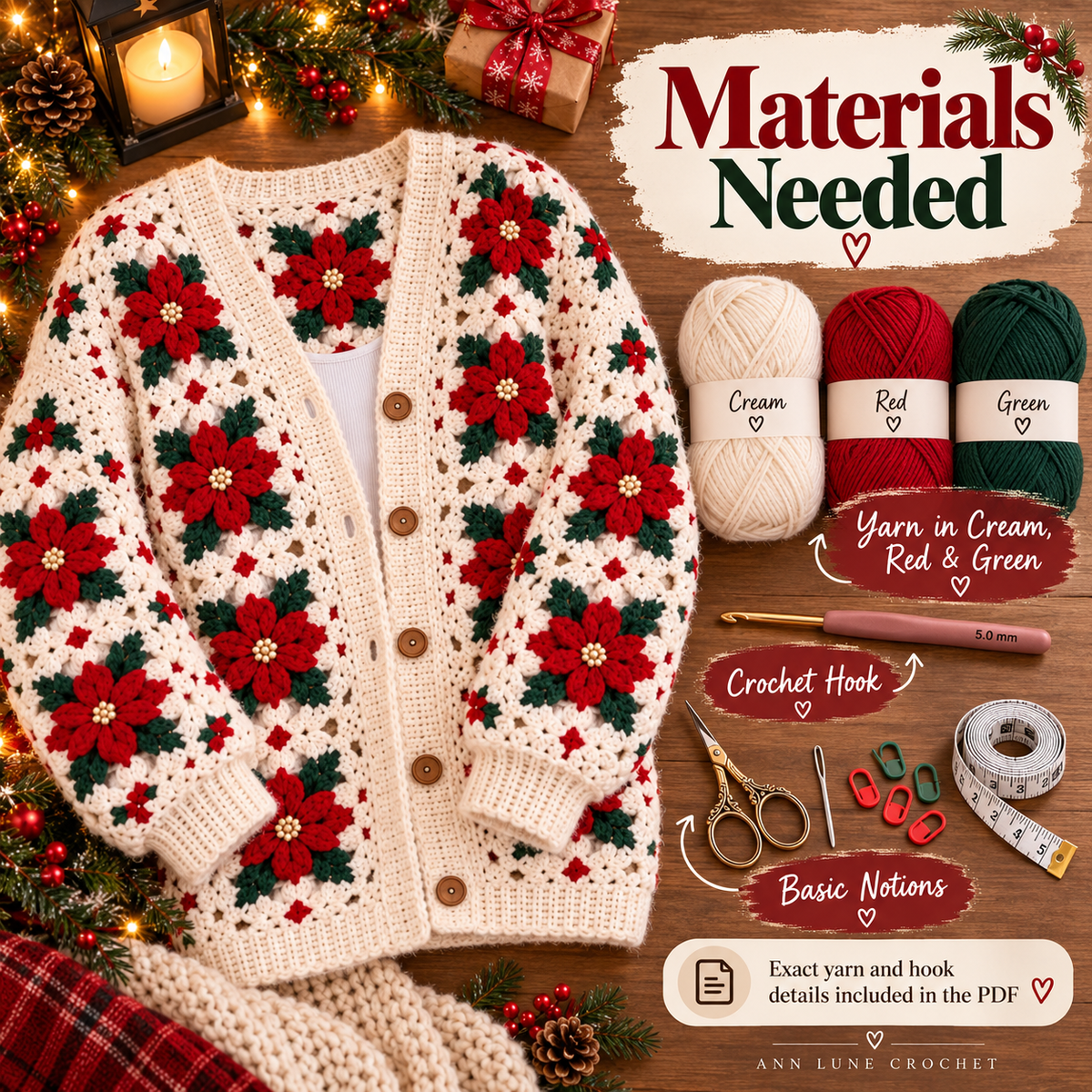 Christmas Poinsettia Cardigan Crochet Pattern – Floral Granny Square Cardigan PDF