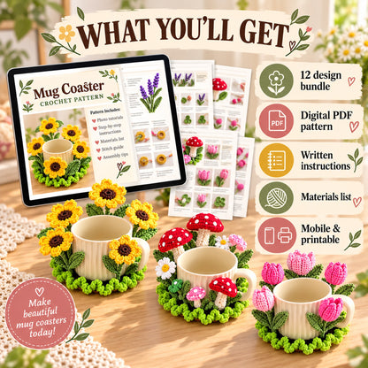 Crochet Mug Coaster Pattern Bundle PDF | 12 Floral & Botanical Designs