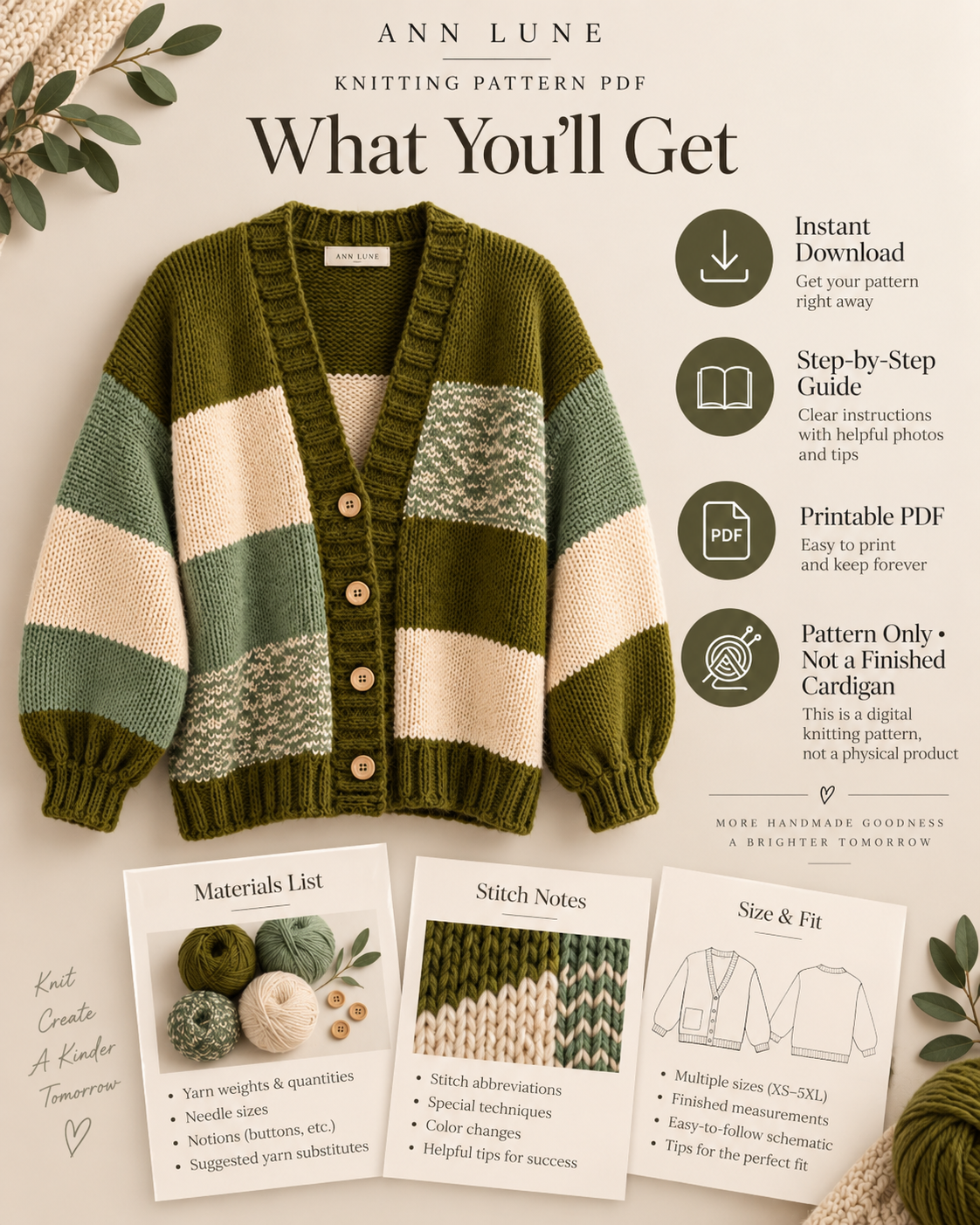 Olive Patchwork Cardigan Knitting Pattern PDF – Oversized Color Block Cardigan