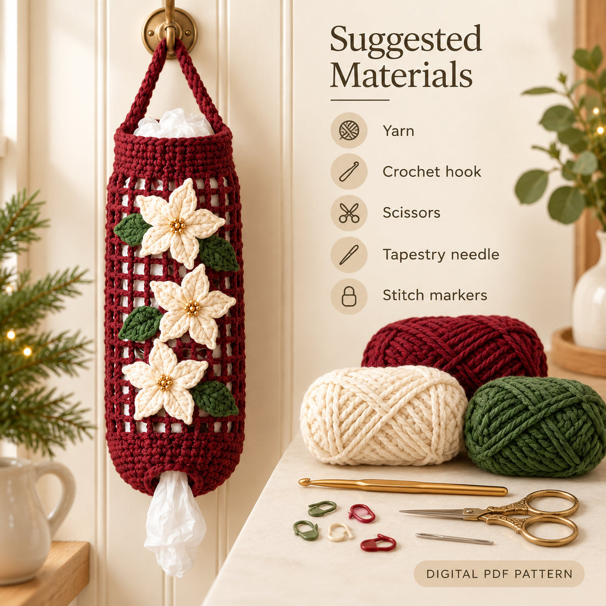 Poinsettia Crochet Bag Holder Pattern PDF – Christmas Kitchen Organizer