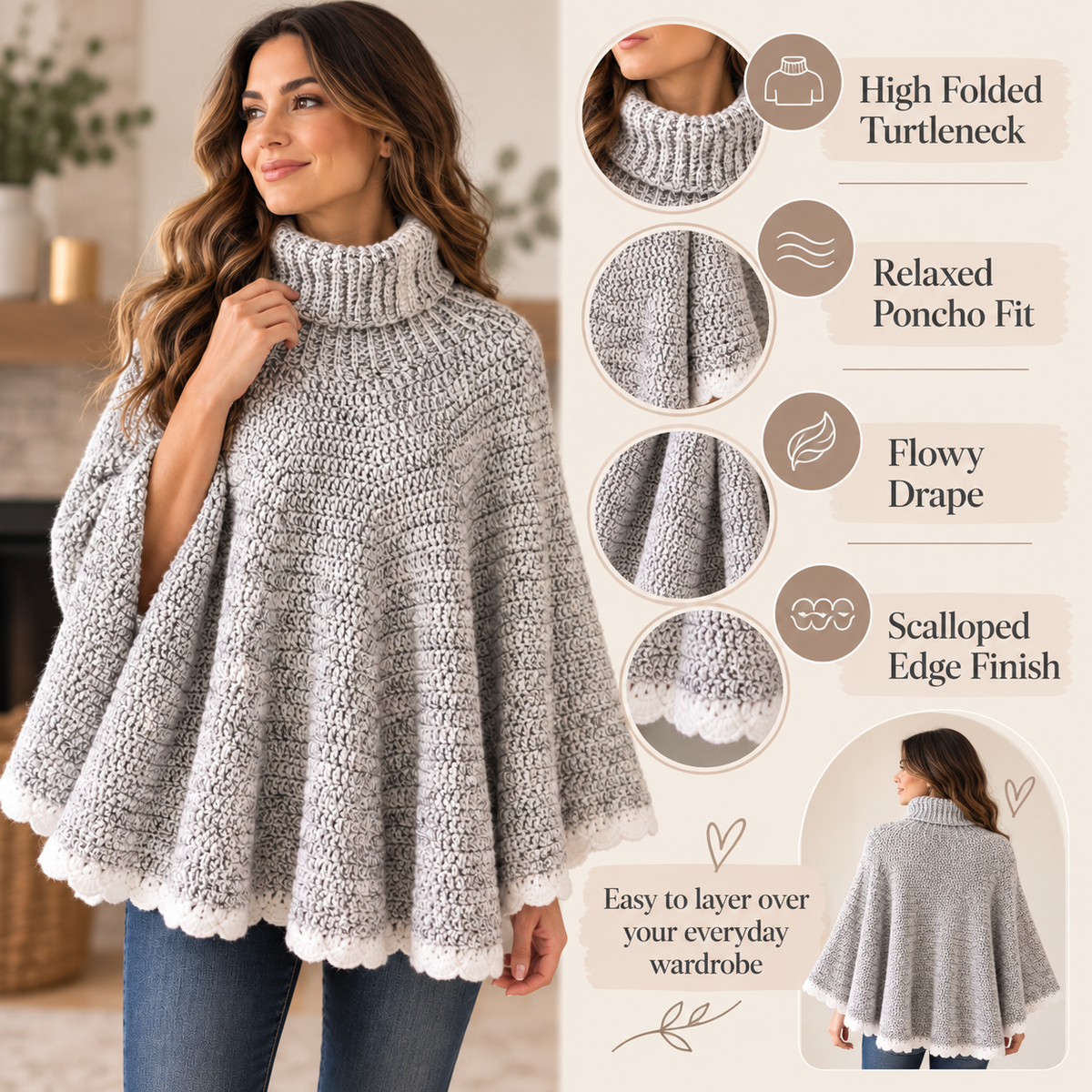 Crochet Turtleneck Poncho Pattern PDF – Cozy Women’s Crochet Cape Pattern