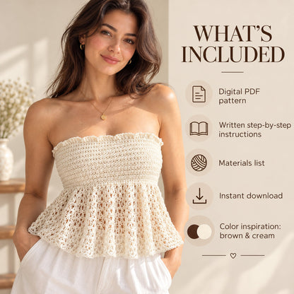 Strapless Crochet Peplum Top Pattern PDF – Boho Lace Tube Top