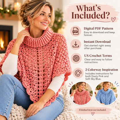 Turtleneck Poncho Crochet Pattern PDF – Cozy Lace Poncho