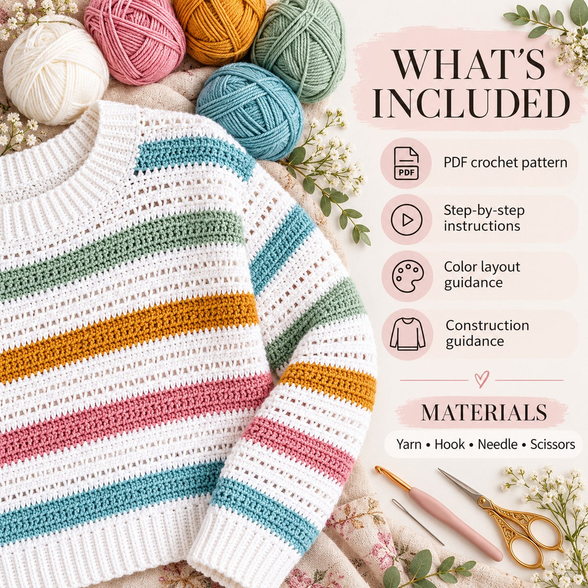 Pastel Striped Crochet Sweater Pattern PDF – Colorful Pullover