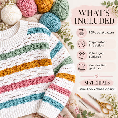 Pastel Striped Crochet Sweater Pattern PDF – Colorful Pullover