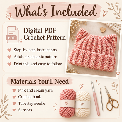 Cat Ear Beanie Crochet Pattern PDF – Beginner Friendly