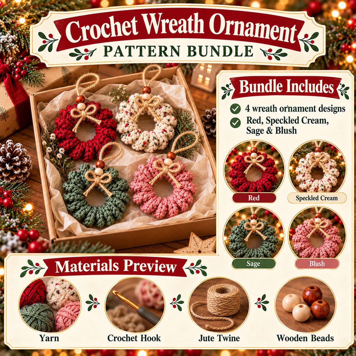 Mini Christmas Wreath Ornament Crochet Pattern PDF – Holiday Decor