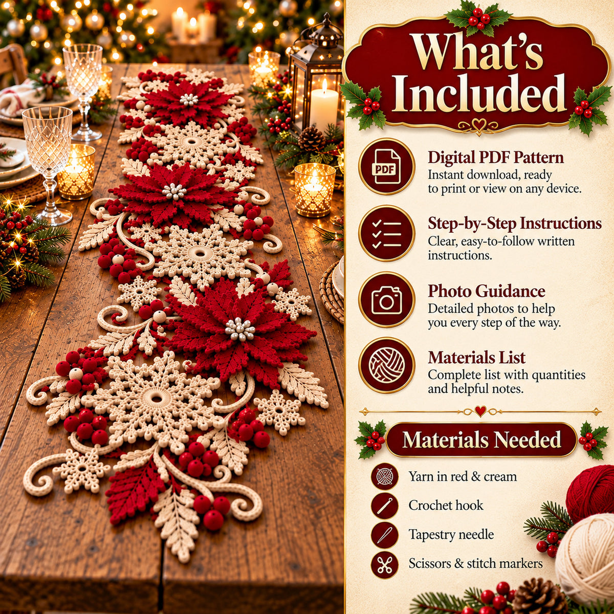 Christmas Poinsettia Table Runner Crochet Pattern PDF