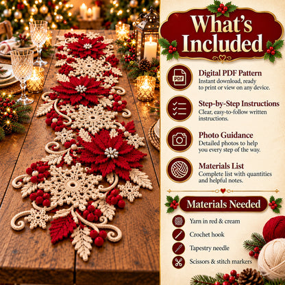 Christmas Poinsettia Table Runner Crochet Pattern PDF